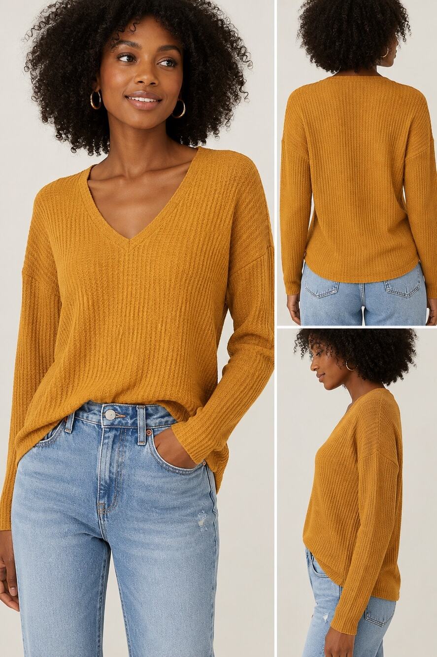 Socialite Mustard Waffle Knit V-Neck Top Long Sleeve Raw Hem Fall Sweater L NWT